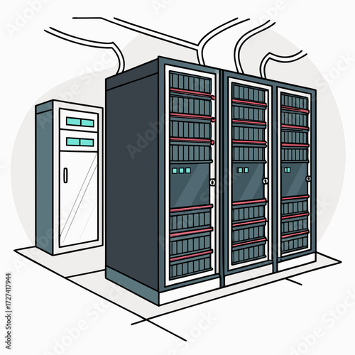 Illustration of a server room with multiple racks of computer equipment and overhead cables