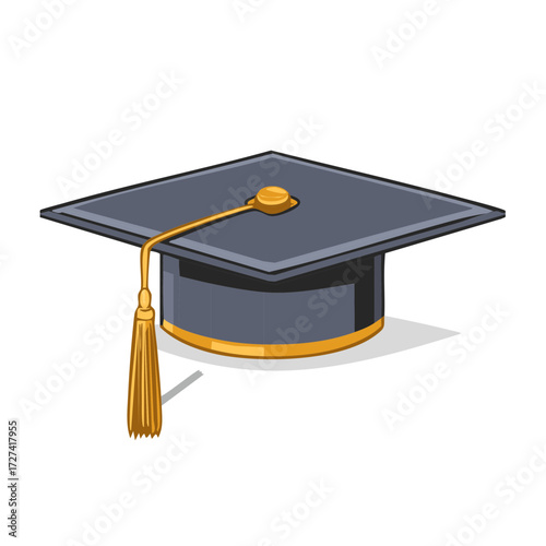 Black academic mortarboard graduation cap with a gold tassel. Student ceremony hat vector illustration.