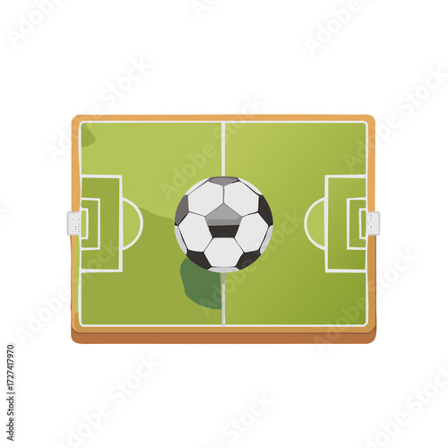 Top view illustration of a soccer ball on a green soccer field with white markings and goalposts