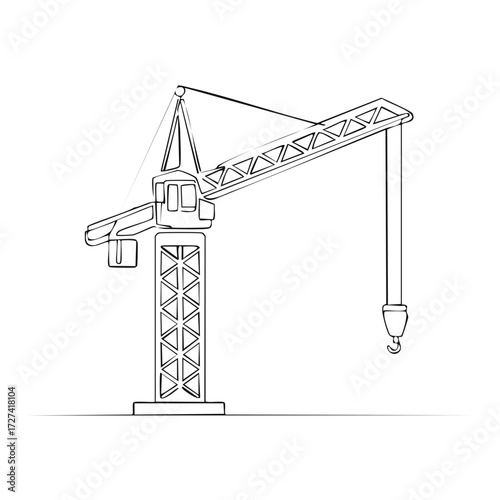 Minimalist outline drawing of a construction tower crane. Building site heavy machinery vector illustration.