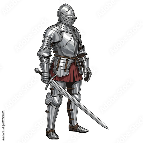 Medieval Knight in Full Plate Armor with Sword Standing.