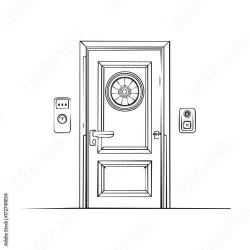 Architectural line art of a front door with porthole window intercom and security panel