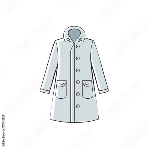 Illustration of a light gray lab coat with buttons and pockets against a white background