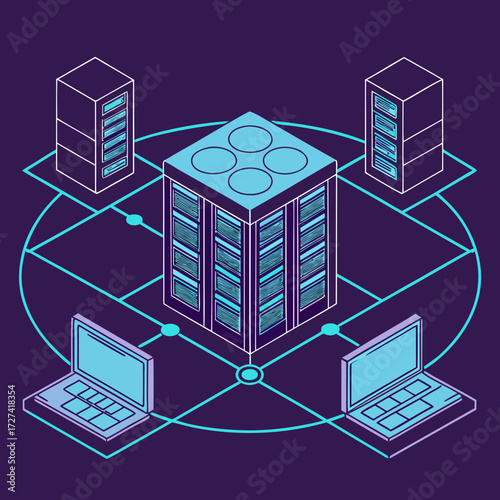 Isometric illustration of a central server rack connected to other servers and laptops in a network grid