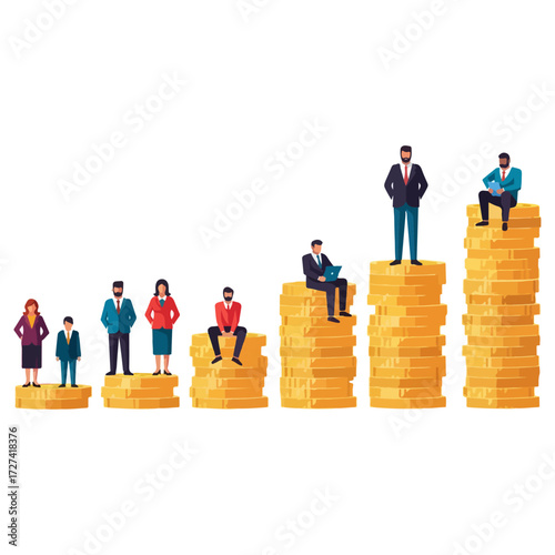 People standing on stacks of gold coins representing income.
