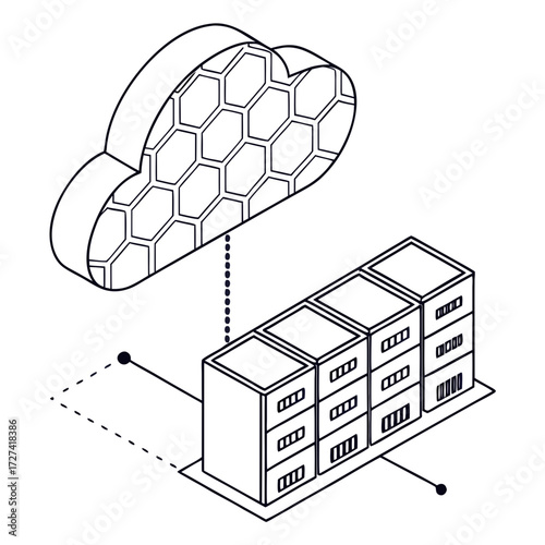 Isometric illustration of a cloud connected to a server rack with a honeycomb pattern inside the cloud