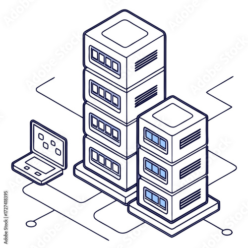 Isometric illustration of a laptop connected to stacked server racks in a data center environment