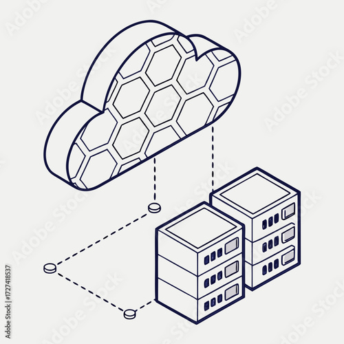 Isometric cloud computing concept with honeycomb pattern and connected servers on a light background