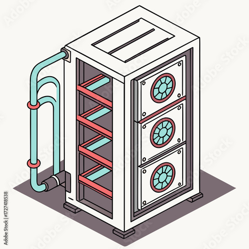 Isometric illustration of a modern computer server rack with cooling fans and pipes