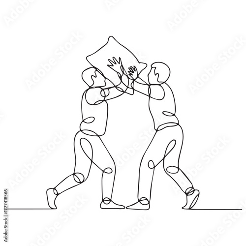 Continuous Simple black line art drawing of a pillow fight in a minimalist style on a white background.