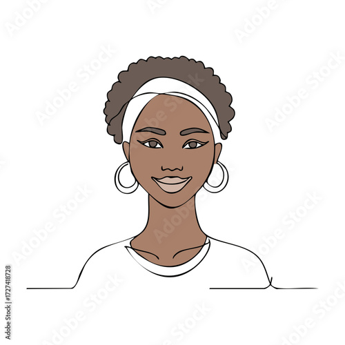 Line art portrait of a smiling woman with a headband and earrings.