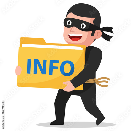 Thief carrying information folder, data breach concept illustration.