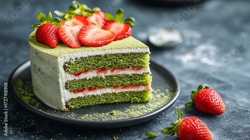 Slice of matcha strawberry cake isolated on white background