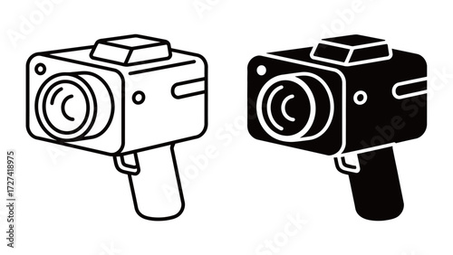 Vintage Video Camera Recorder Icon Set in Black and White Outline and Solid Fill Style for Film and Media Production