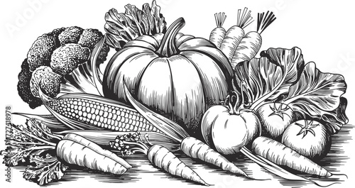Black and white vegetable illustration, hand drawn pumpkin, corn, carrot, tomato, broccoli, cabbage artwork, vintage healthy food design vector