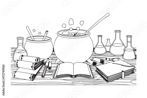 Vector art of witchs cauldron with potion ingredients and spellbook