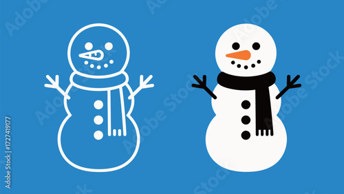 Cartoon Snowman Character Vector Icon Set with Scarf in Outline and Solid Fill Style for Winter Holiday and Christmas