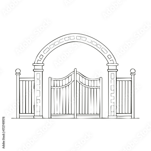 Decorative Archway Gate and Fence Line Art Drawing for Entrance Design