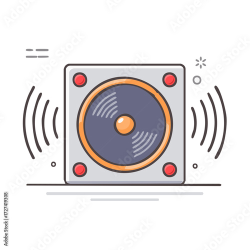 Vector illustration of a square audio speaker with sound waves emanating outwards, flat design