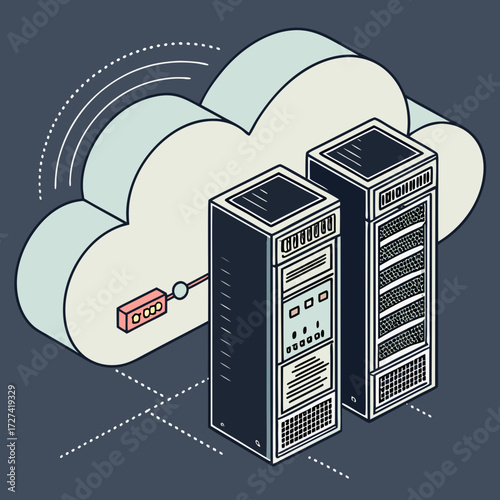 Isometric illustration of cloud computing servers and data storage connected to a digital cloud icon