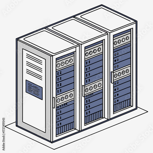 Isometric illustration of three connected server racks filled with electronic equipment in a data center