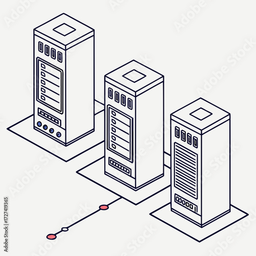 Isometric illustration of three connected server racks in a data center with a network line