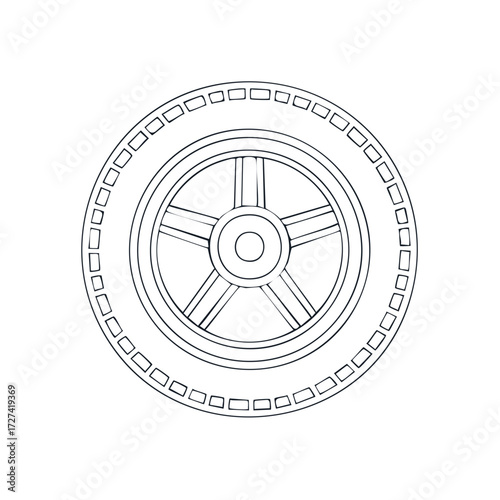 Black and white car wheel outline drawing. Simple isolated vector illustration of an automobile tire and five spoke rim.