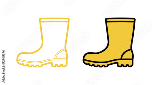 Yellow Rubber Rain Boots Vector Icon Set in Outline and Solid Fill Style for Gardening and Rainy Weather Protection
