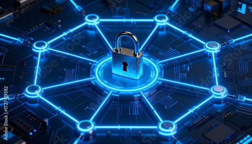 Cyber defense system visualization with padlock in the center of digital network and glowing blue neon connections, futuristic cybersecurity technology, secure data protection and information safety