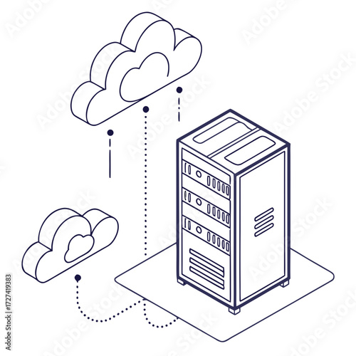Isometric line art illustration of a server rack connected to two clouds representing cloud computing and data transfer