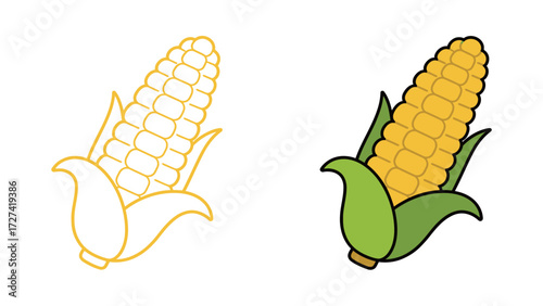 Sweet Corn on the Cob Vector Icon Set in Yellow and Green for Harvest Festival Food and Healthy Eating