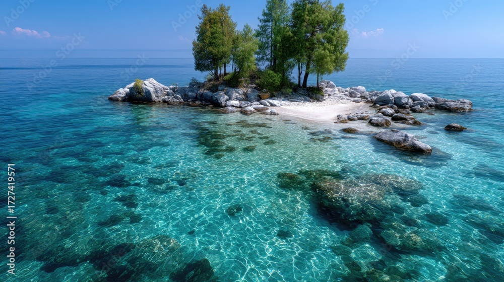 Fototapeta premium Aerial View of Rocky Tropical Island with Turquoise Water and Green Trees in Bright Daylight Scenic Beauty