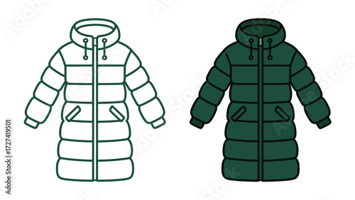 Long Puffer Coat or Down Jacket Vector Icon Set in Green Color and Outline for Winter Cold Weather Clothing