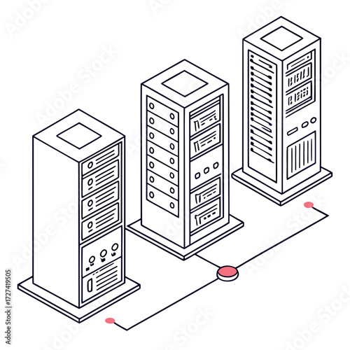 Isometric illustration of three connected server racks in a data center with a network connection