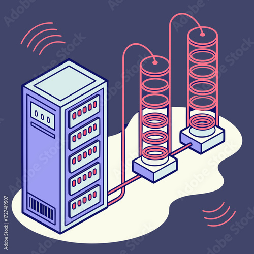Modern isometric illustration of a server rack connected to futuristic cylindrical data storage units