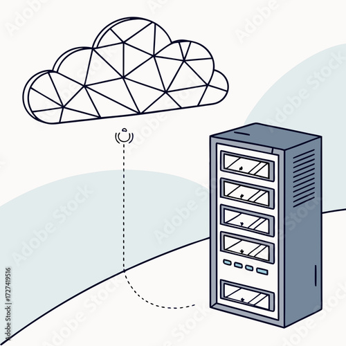 Modern data server connecting to a geometric cloud symbol representing cloud computing services