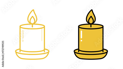 Burning Pillar Candle on a Holder Vector Icon Set in Yellow Color and Outline for Light Ambience and Decoration