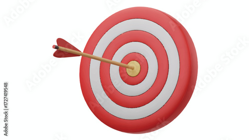 A 3D illustration of a red and white target with a wooden arrow hitting the center bullseye. 