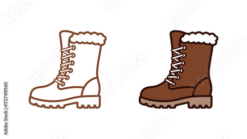 Insulated Fur-Lined Winter Boots Vector Icon Set in Brown Color and Outline for Snow and Cold Weather Protection