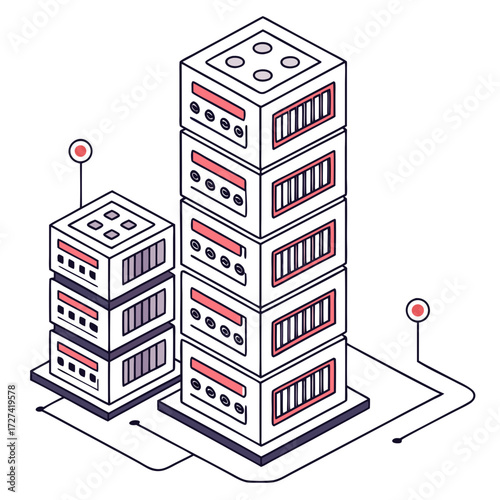 Modern isometric illustration of stacked server racks representing data centers and cloud computing infrastructure