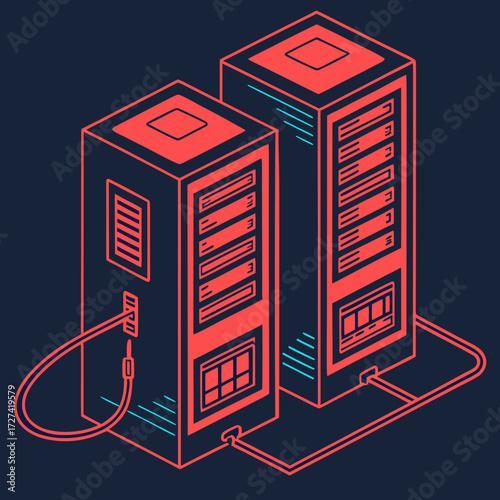 Modern isometric illustration of two connected server racks in a data center with a dark blue background