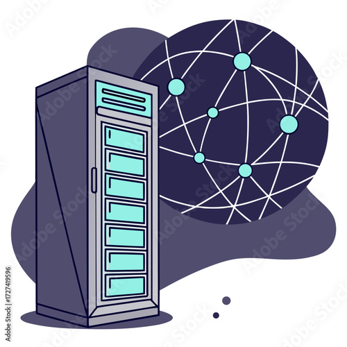 Modern server rack connected to a global network of nodes representing data and connectivity