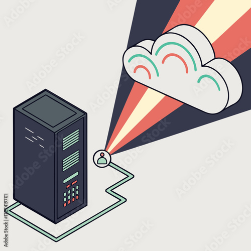 Server transmits data to cloud storage via a network connection and user icon