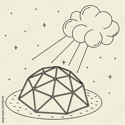 Stylized geodesic dome structure under a cloud emitting rays in a starry night sky