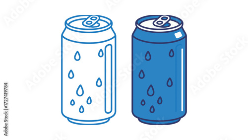 Cold Soda Can Outline and Solid Blue Flat Vector Icon Illustration Graphic Design with Water Droplets for Refreshment Beverage Drink and Summer Thirst Quenching Concept Minimalist Style