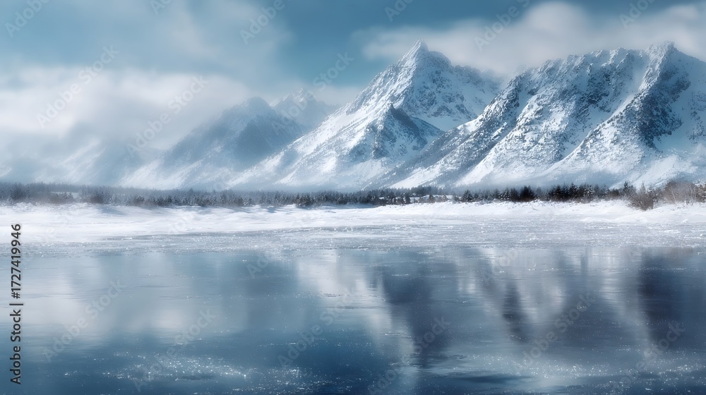 custom made wallpaper toronto digitalA serene winter landscape featuring a frozen lake reflecting snow covered mountains under a bright sky