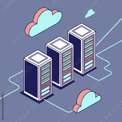 Three isometric server racks connected by lines to stylized clouds representing cloud computing