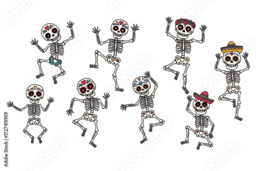 Cartoon Dancing Skeletons Vector Illustration. Fun, Spooky, and Festive Halloween Party or Day of the Dead Celebration. Dynamic Dance Poses.