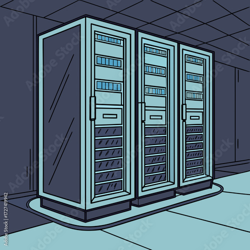 Three tall server racks with glowing blue lights stand in a dark data center room