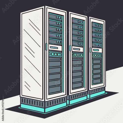 Three tall white server racks with blue accents stand in a dark room on a light floor